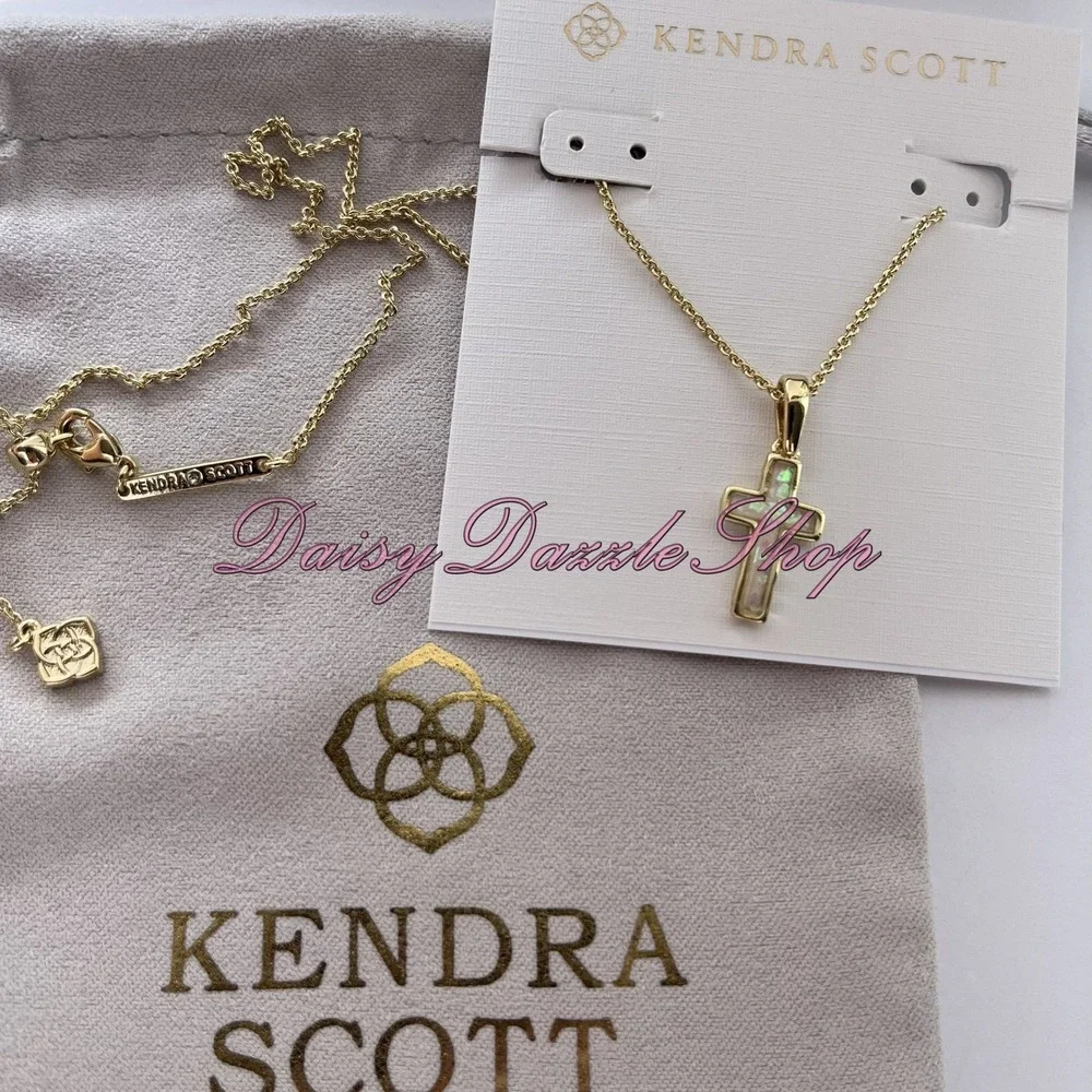 ✨Kendra Scott Cross Gold Pendant Necklace in White‎ Kyocera Opal New ✨🕊️